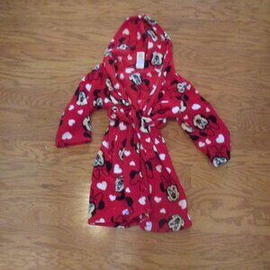 Disney Girls Minnie Mouse red hooded bathrobe size S 6 Minnie with hearts fleece